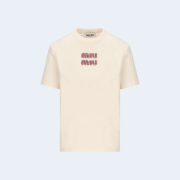 미우미우 로고 장식 크루넥 티셔츠