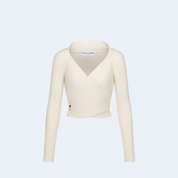 디올 랩-오버 화이트 울 니트 스웨터