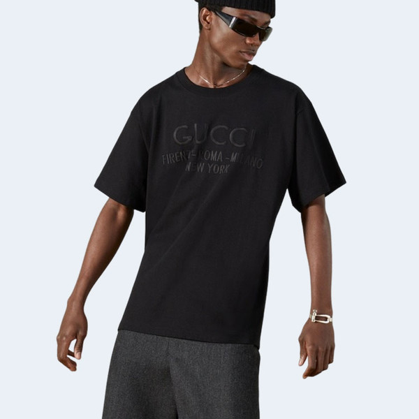 구찌 자수 로고 코튼 티셔츠 블랙