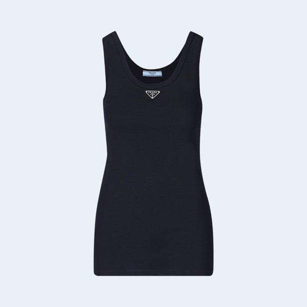 프라다 로고 플라크 민소매 탱크 탑 블랙