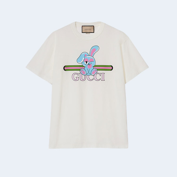 구찌 코튼 저지 래빗 프린트 티셔츠