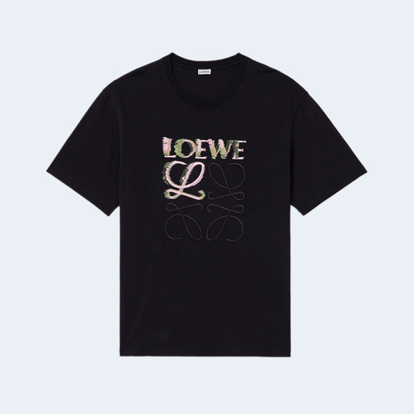로에베 로고 자수 코튼 저지 티셔츠 블랙