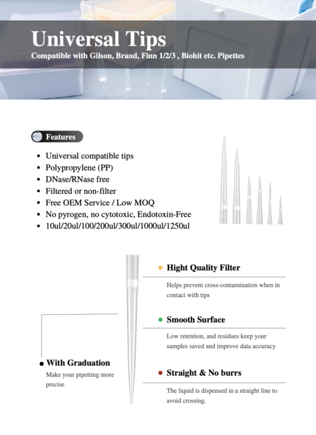 Universal Tips Compatible with Gilson, Brand, Finn 1/2/3 , Biohit etc ...