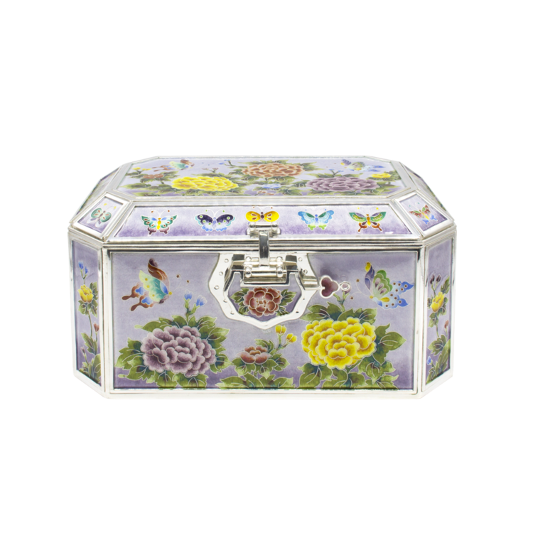 Peony Silver Cloisonné Octagonal Jewelry Chest (violet, extra large)