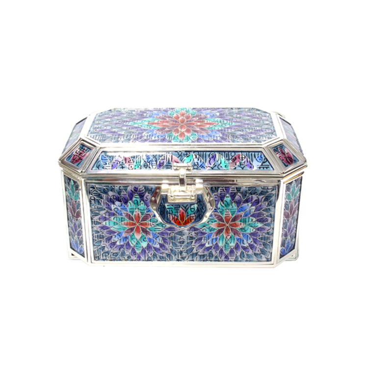 Baeksu-Baekbok Silver Cloisonné Octagonal Jewelry Chest (indigo, extra large)