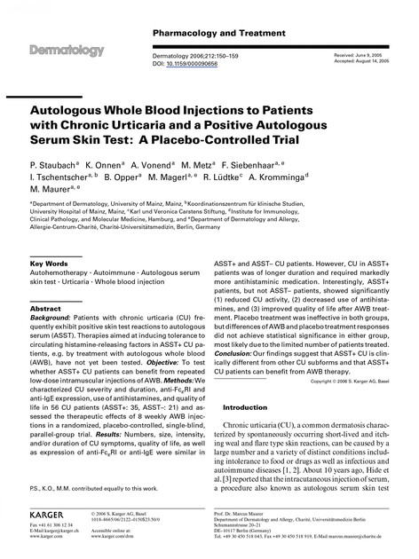 Autologous Whole Blood Injections to Patients with Chronic Urticaria ...