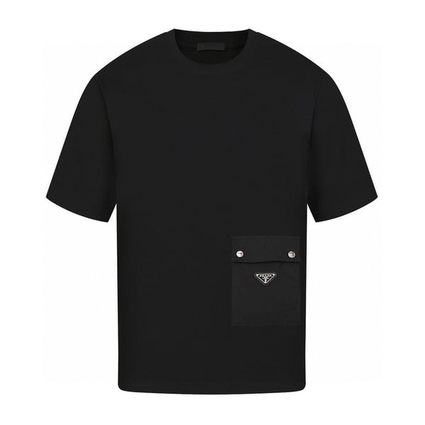 PRADA 프라다 최신 가죽 라벨 로고 폼 라운드 넥 반팔 티셔츠