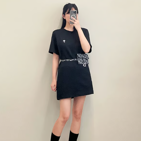 DIOR 크리스찬 디올 엠브로이드 오블리크 테리 원피스 & 오블리크 미니 파우치 벨트백 셋