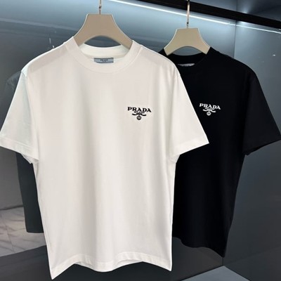 PRADA 프라다 라운드넥 레터 로고 자수 반팔 티셔츠