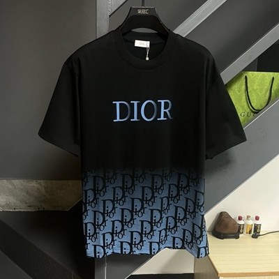 DIOR 디올 최신 가죽 라벨 로고 폼 라운드 넥 반팔 티셔츠