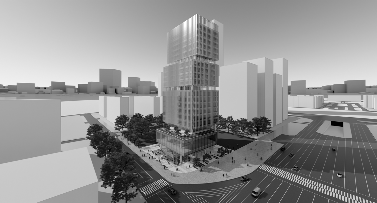 사무실 및 상업시설 부동산 복합개발 설계 자동화 프로젝트에서 생성한 3D 디자인 이미지 입니다. 워크스페이스그룹은 사업성분석 특허기술을 보유한 프롭테크 전문 건축회사 입니다.