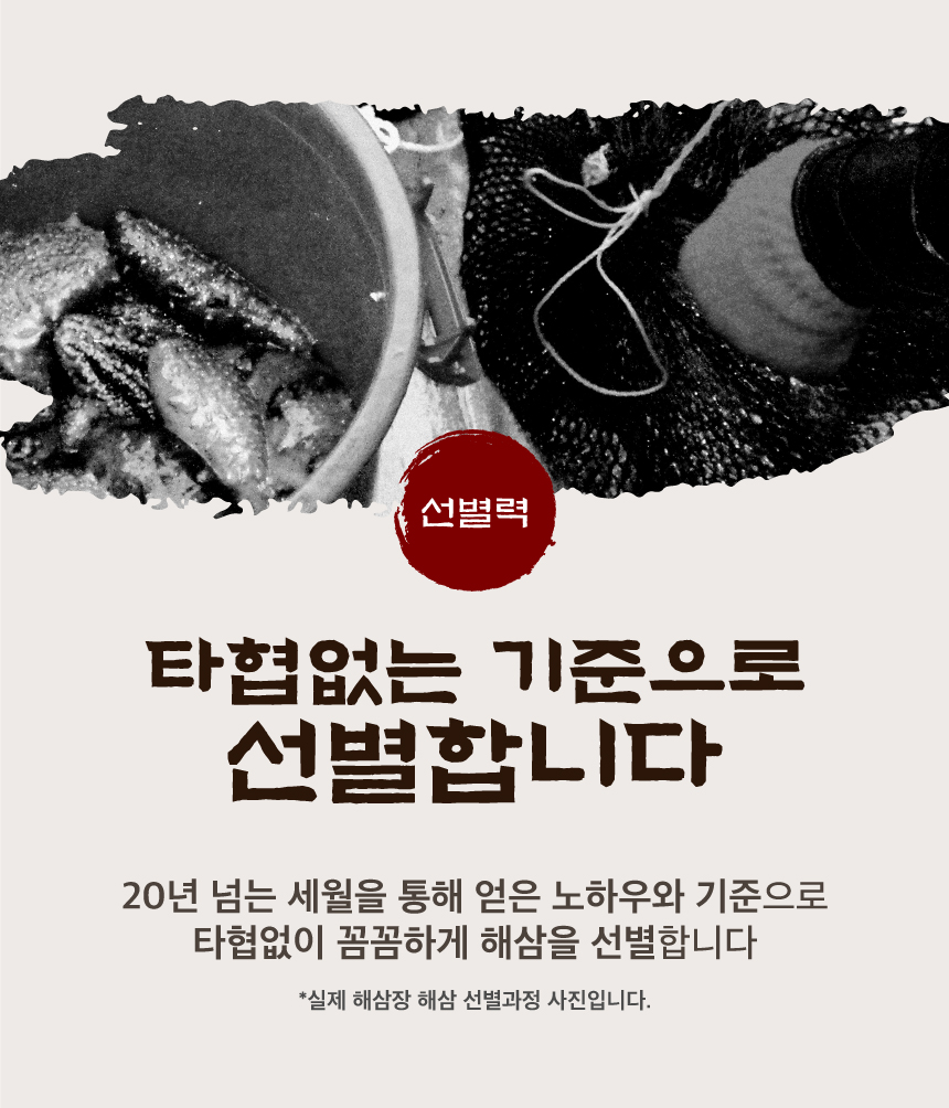 해삼장은 타협없는 기준으로 해삼을 선별합니다. 20년 넘는 세월을 통해 얻은 노하우와 기준으로 타협없이 꼼꼼하게 해삼을 선별합니다