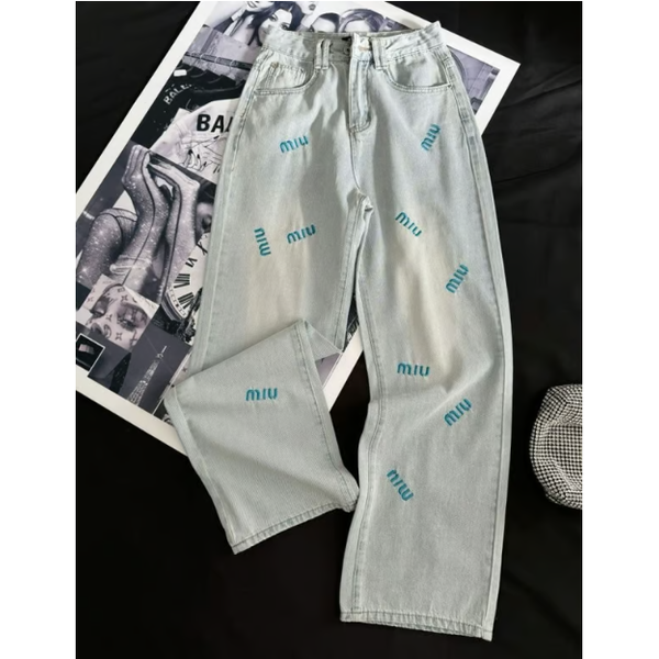 MIUMIU 미우미우 24 풀인디고 자수 스팽글 데님팬츠