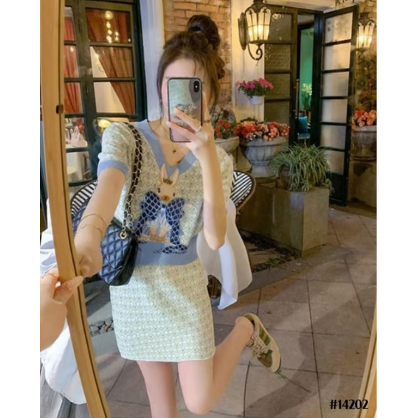 GUCCI 구찌 여성 버니 자카드 브이넥 패턴니트 & 자카드 패턴스커트 셋