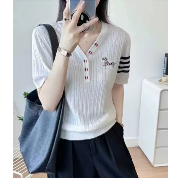 THOM BROWNE 톰브라운 헥터 브이넥 칼라버튼 반팔 골지 니트