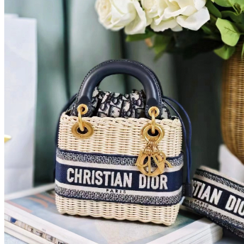 DIOR 디올 미니 백 내추럴 위커 & 블루 Dior Oblique 자카드
