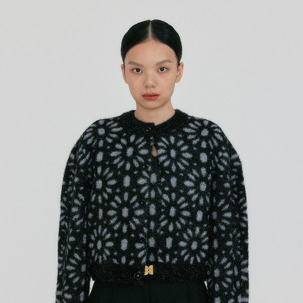 ZOTA Flower Jacquard Knit Cardigan - Black : EENK SHOP