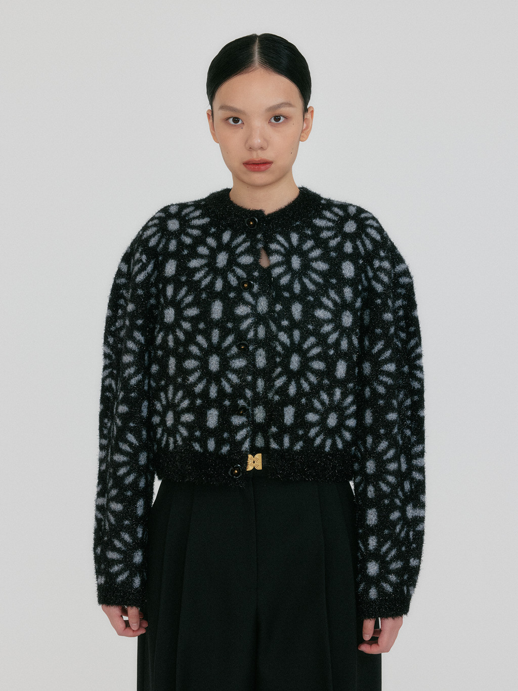 ZOTA Flower Jacquard Knit Cardigan - Black : EENK SHOP