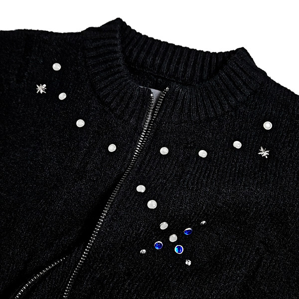 Frayed knit P/O(2/blk)｜meagratia Miyato symbol damaged colorgem knit zipup (black) : GAKIHARA