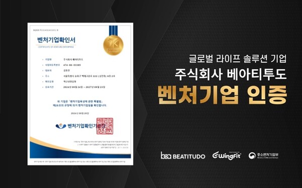 베아티투도, 혁신성장유형 벤처기업 인증 획득…
