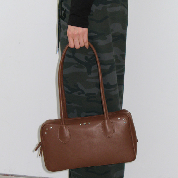 Square Leather Stud Middle Bag - Brown : 락케이크 Rock Cake