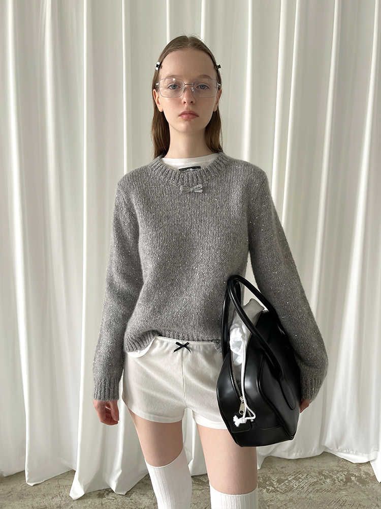 PFF GIRL Gray Neck Ribbon Angora Wool Beads Sweater 유스키트