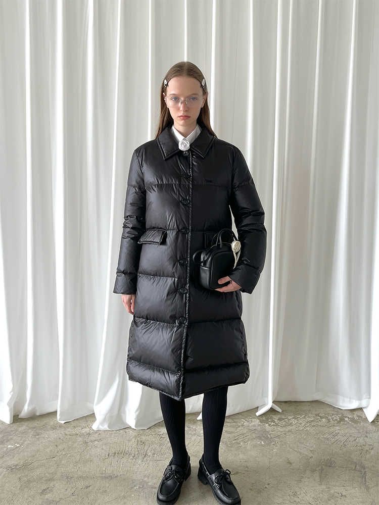 PFF GIRL Black Turtleneck Embroidery Long Down Jacket : 유스키트 YOUTHKIT