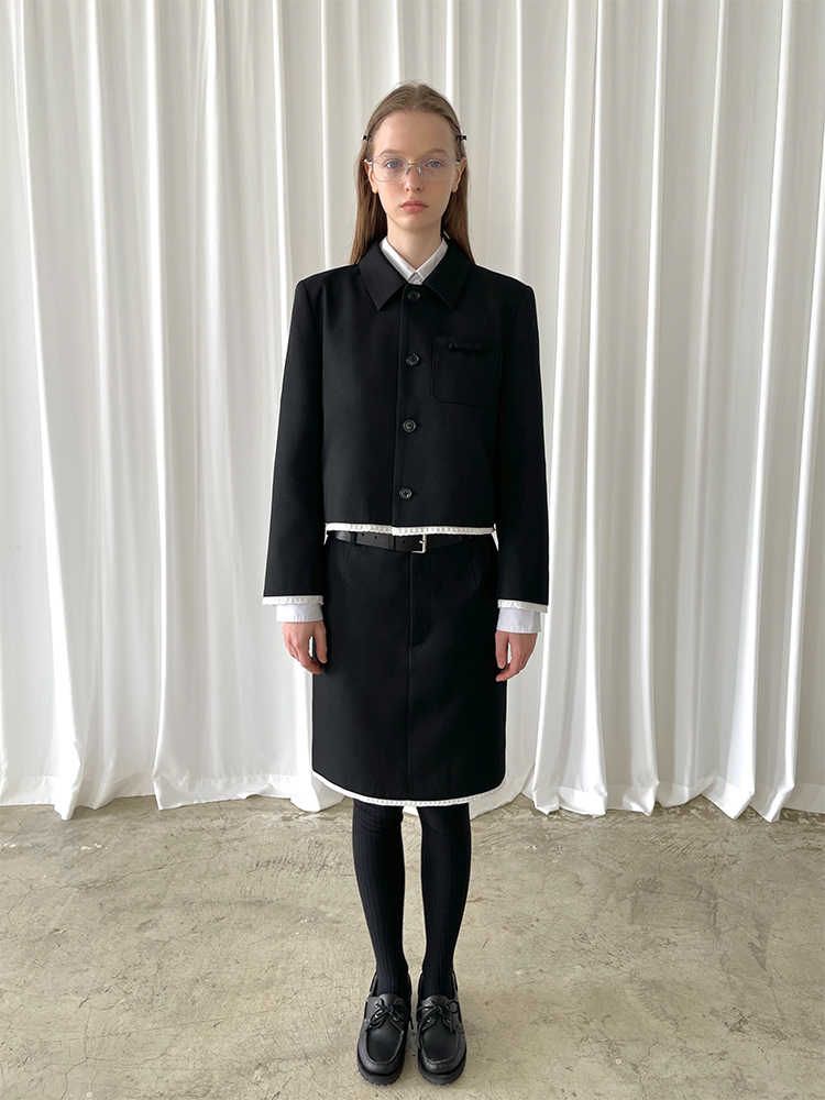 PFF GIRL Black worsted wool handmade bow collared lace jacket + skirt ...