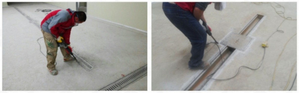 트렌치와 콘크리트가 맞닿는 부분이 대차, 지게차로 인한 파손 위험이 있어서 사전에 브레이커 작업후 도포