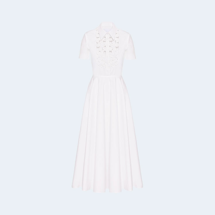 발렌티노 컴팩트 포플린 자수 미디 드레스 화이트