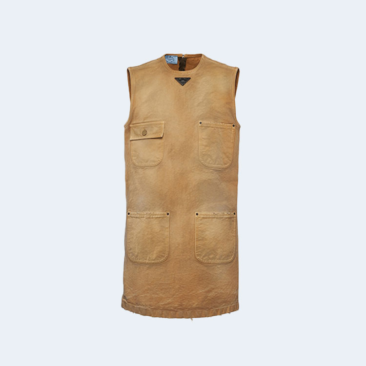 프라다 슬리브리스 캔버스 미니드레스 베이지