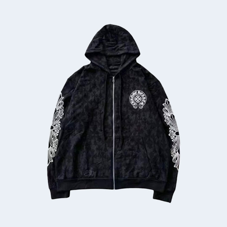 크롬하츠 블랙 토널 모노그램 스크롬 말굽 로고 집업 후디