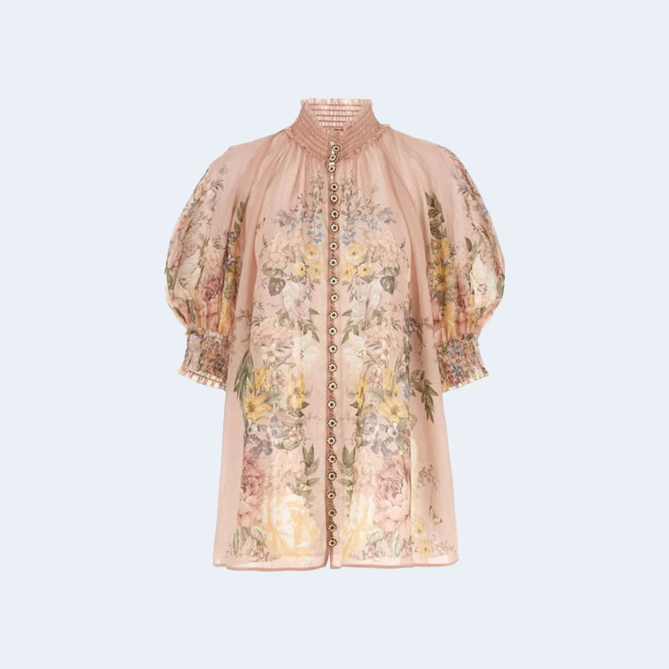 짐머만 플로럴 셔링 라미 블라우스