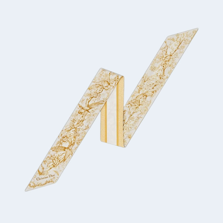 디올 화이트 앤 골드 톤 실크 트윌 미차 스카프