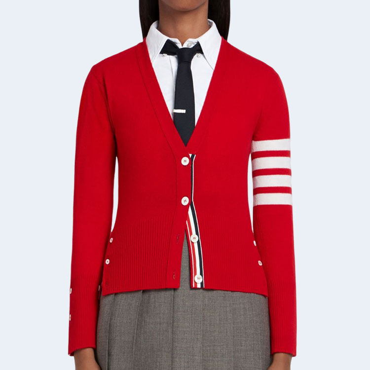 톰브라운 레드 캐시미어 4-바 브이넥 카디건