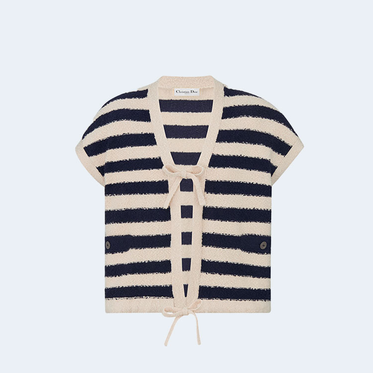 디올 마리니에르 반소매 가디건 네이비 화이트 코튼 니트