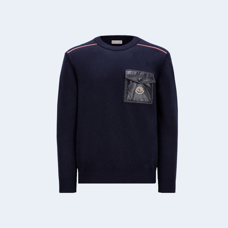 몽클레어 체스트 포켓 로고 패치 니트 네이비