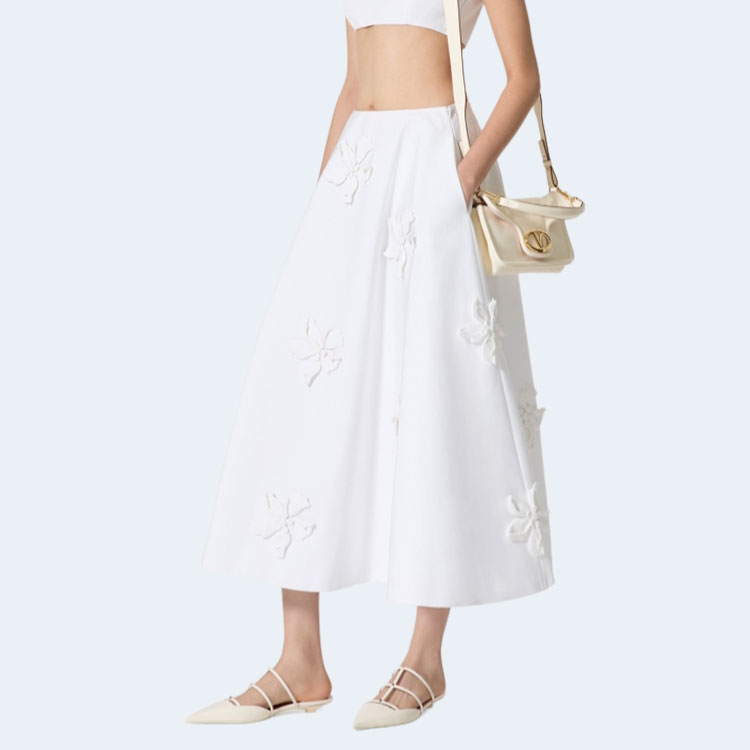 발렌티노 컴팩트 포플린 자수 미디 스커트 화이트