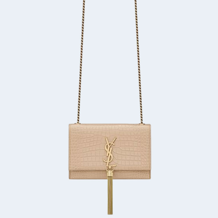 생로랑 크로커다일 케이트 스몰 태슬백 베이지 골드