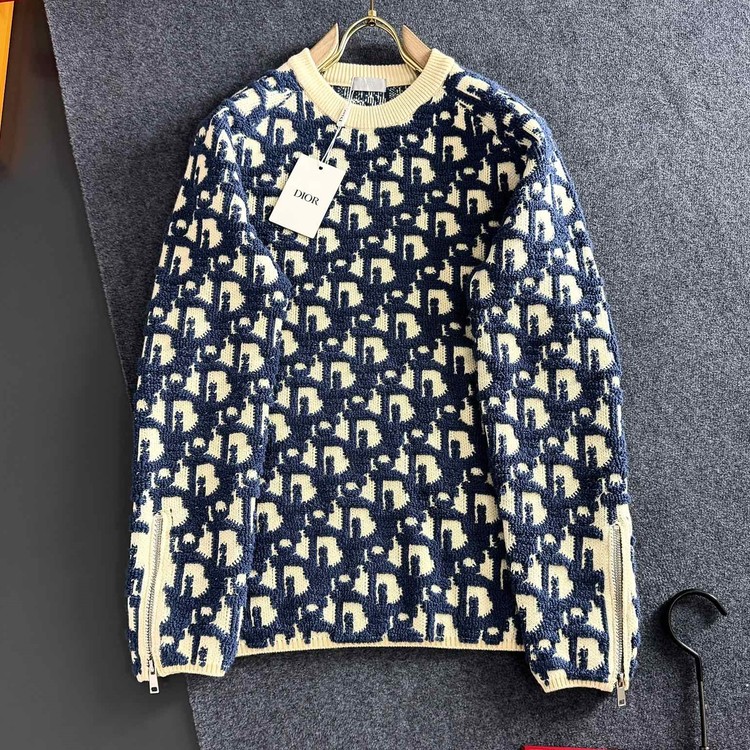 디올 오블리크 울 코튼 자카드 스웨터 블루