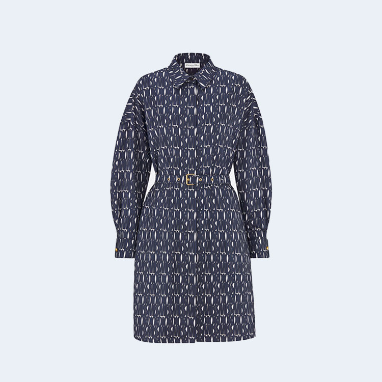 디올 네이비 블루 Miss Dior Allover 모티브 벨트 셔츠 드레스