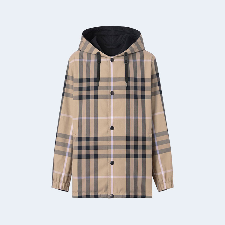 버버리 리버시블 체크 패턴 후드 버튼 자켓 블랙