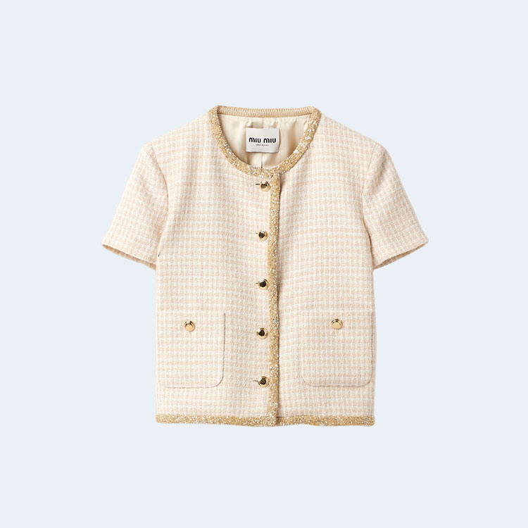 미우미우 싱글브레스트 체크 라메 재킷