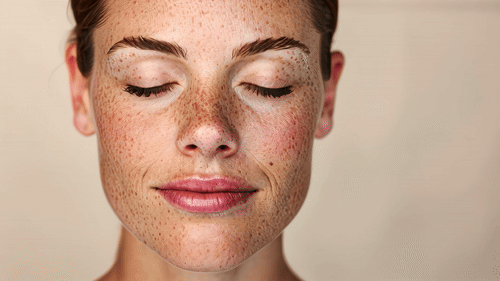 기미, 주근깨가 많은 여성이 눈을 감고 미소를 짓고 있습니다.