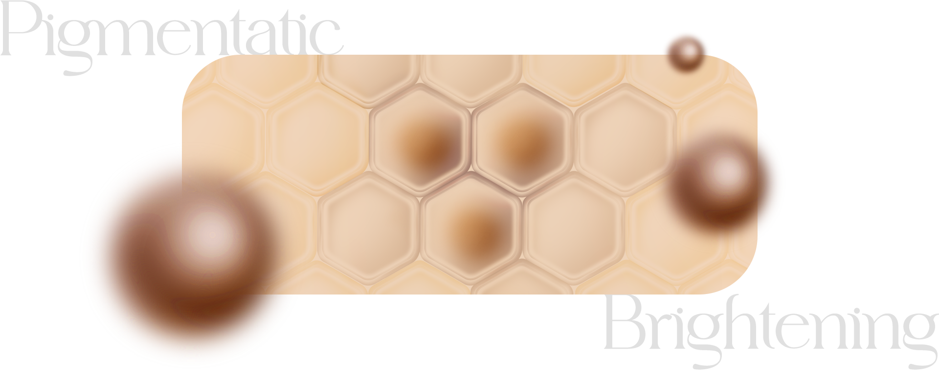 기미, 잡티를 표현하기 위한 비유 이미지입니다. 벌집 모양이며, 중앙의 3개의 벌집모형에 갈색으로 색이 입혀져 있습니다. 이는 피부에 있는 기미, 잡티, 검버섯 등을 의미합니다.