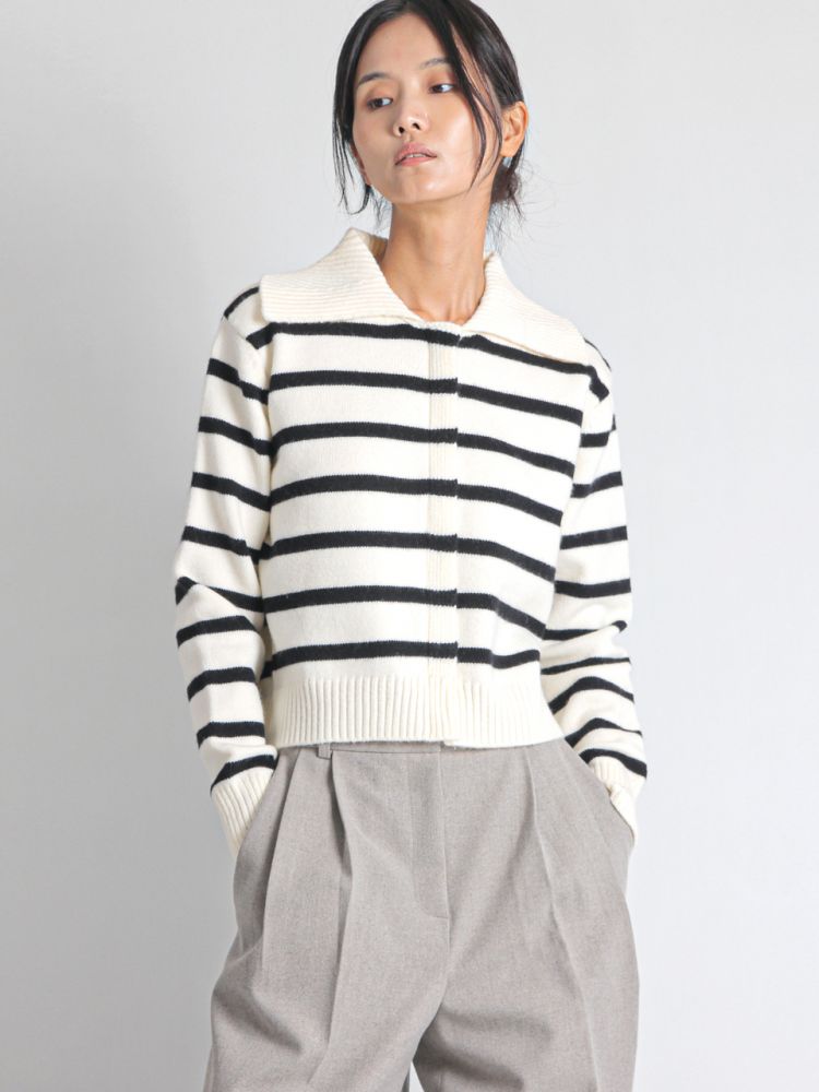 Collar Stripe Zip-up Kint Cardigan [PBPS0NI02] : 파슨스 Parsons