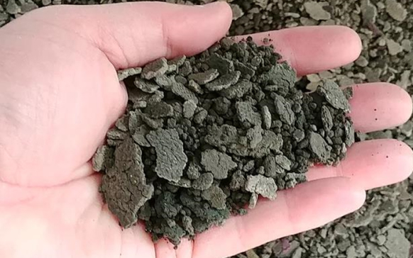 Hand holding dewatered sludge cake with a flat and disrupted cell structure, showcasing air gaps for natural ventilation drying