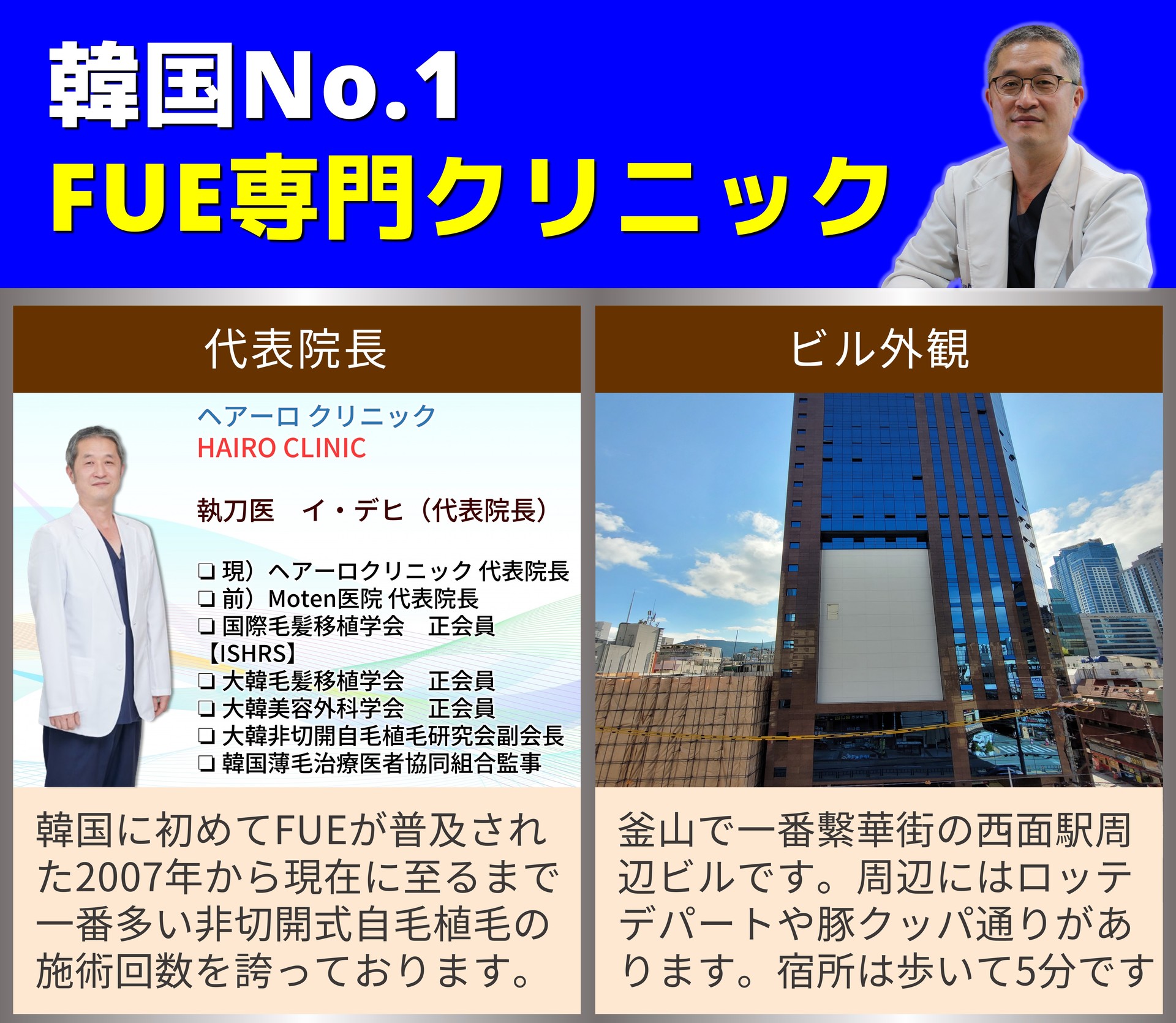 韓国No.1 FUE専門クリニック 代表院長 韓国に初めてFUEが普及された2007年から現在に至るまで一番多い非切開式自毛植毛の施術回数を誇っております。 ビル外観 釜山で一番繫華街の西面駅周辺ビルです。周辺にはロッテデパートや豚クッパ通りがあります。宿所は歩いて5分です