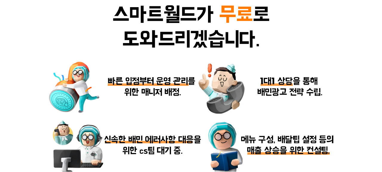 배민입점 공식 파트너 스마트월드에서 배달의민족에 신규입점하시면 도와줄 수 있는 다양한 배민관리 서비스.