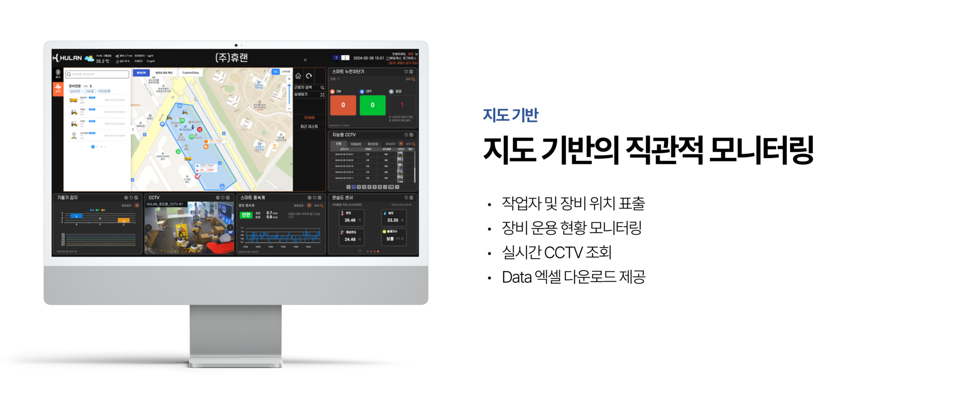 휴랜 지도 기반 작업자 및 장비 위치 모니터링 시스템-실시간 CCTV 연동, 운용 현황 대시보드, 엑셀 기반 데이터 다운로드 지원
